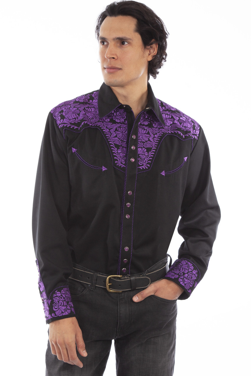 P-634PUR Scully Men's Retro Gunfighter Shirt Black/Purple