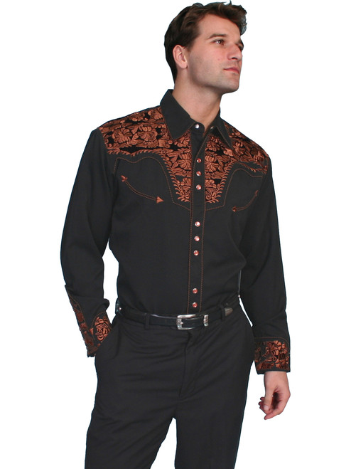 P-634BLK Scully Men's Retro Gunfighter Western Shirt Black/Brown