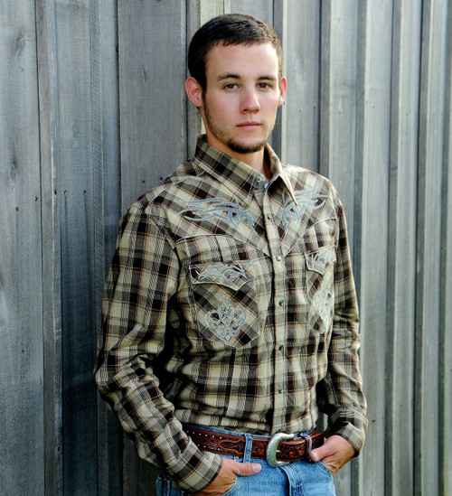 B2S7247 Brown Plaid Shirt with Embroidery B2S7247 Brown Plaid Shirt with Embroidery