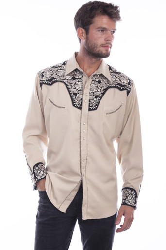 P-634TAN Scully Men's Retro Gunfighter Shirt Tan/Black Embroidered