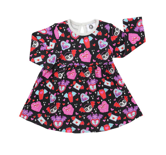 Long sleeved baby and toddler dress photographed on a clean, neutral background, featuring a Valentine’s-themed all-over print with cute vampires, “bite me” heart-shaped cakes, and illustrated love letters. Designed with a fitted bodice and a skater-style skirt for easy movement, shown laid flat to highlight the shape, print detail, and long sleeves.