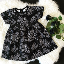 Wednesday addams style black rose printed dress