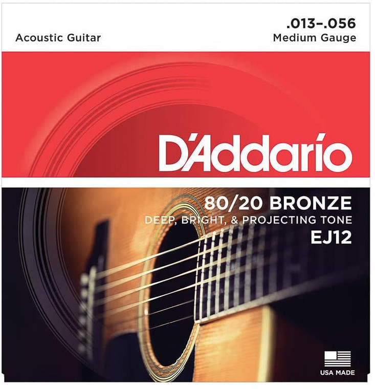 D'Addario EJ12 80/20 BRONZE ACOUSTIC GUITAR STRINGS, MEDIUM, 13-56 SET OF 4