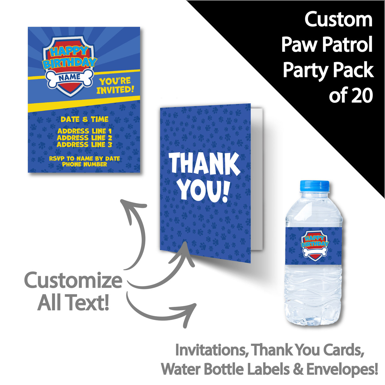 Custom Paw Patrol Birthday Party Pack of 20 - Invitations, Thank You Cards, Water Bottle Labels, and Envelopes A2 (4.25x5.5) - WeHa Print custom-paw-patrol-birthday-party-pack-of-20-invitations-thank-you-cards-water-bottle-labels-and-envelopes-a2-4-25x5-5-weha-print
