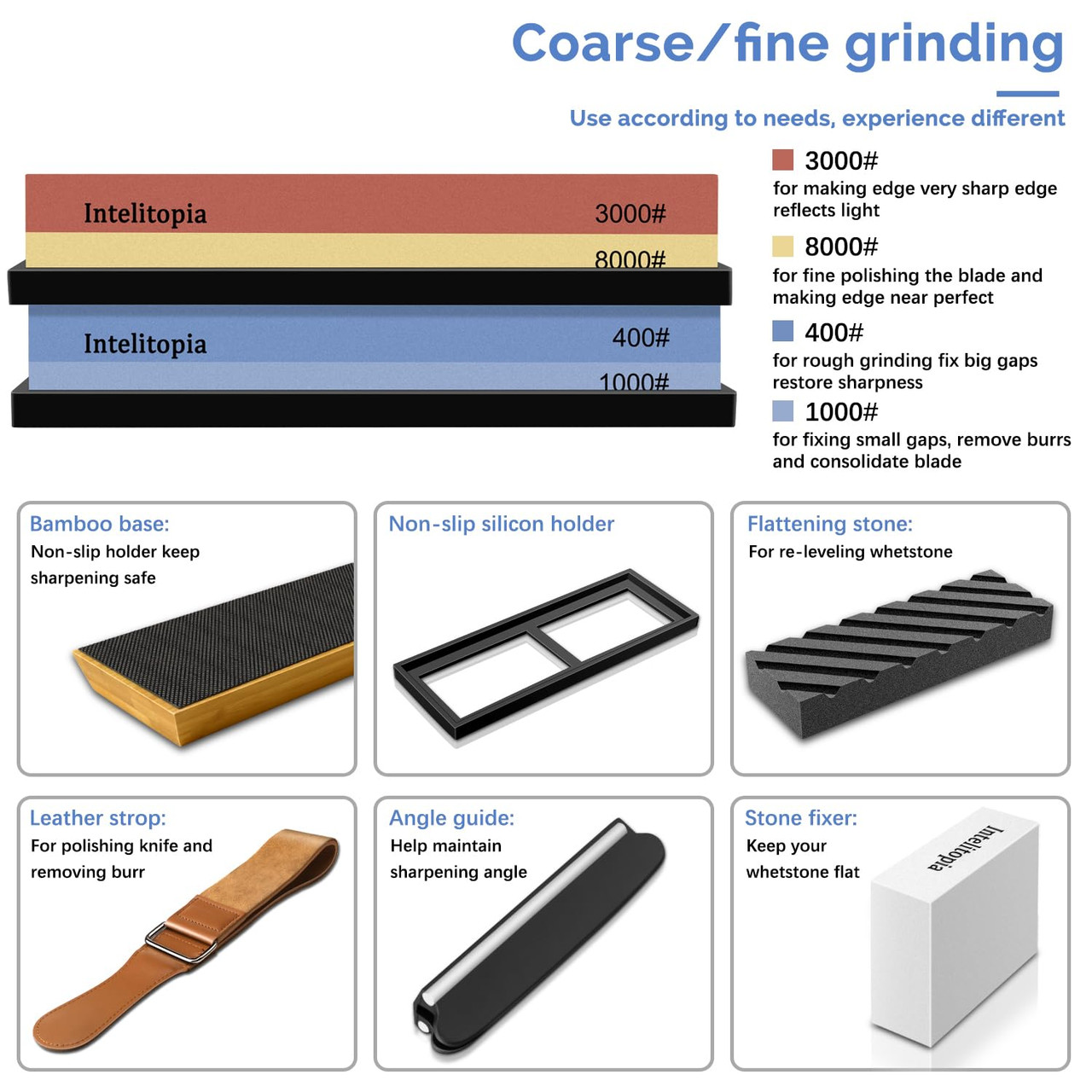 Intelitopia Complete Knife Sharpening Stone Set – Dual Grit Whetstone 400/1000 3000/8000 Knife Sharpener with Leather Strop, Flattening Stone, Bamboo Base, 3 Non-slip Rubber Bases & Angle Guide