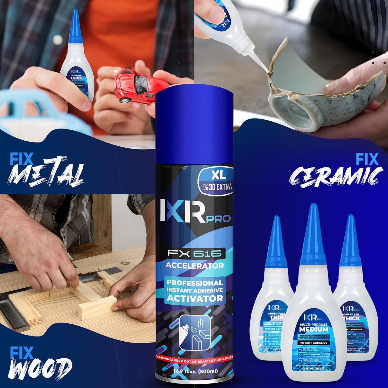 CA Glue with Activator Kit (6x1.75 oz. Thin-Medium-Thick + 2x16.9 fl.oz.) Cyanoacrylate Glue and Activator, Super Glue Accelerator, Super Glue for Wood, Woodworking, Plastic, Guitar, 3D Printing