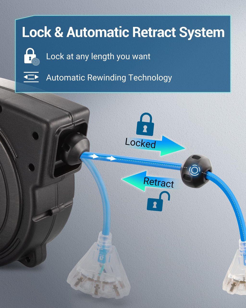 DEWENWILS Retractable Extension Cord Reel, 50 FT Heavy Duty Power Cord, 14AWG/3C SJTOW, 3 Grounded Outlets Lighted Triple Tap, 13 Amp Circuit Breaker, UL Listed