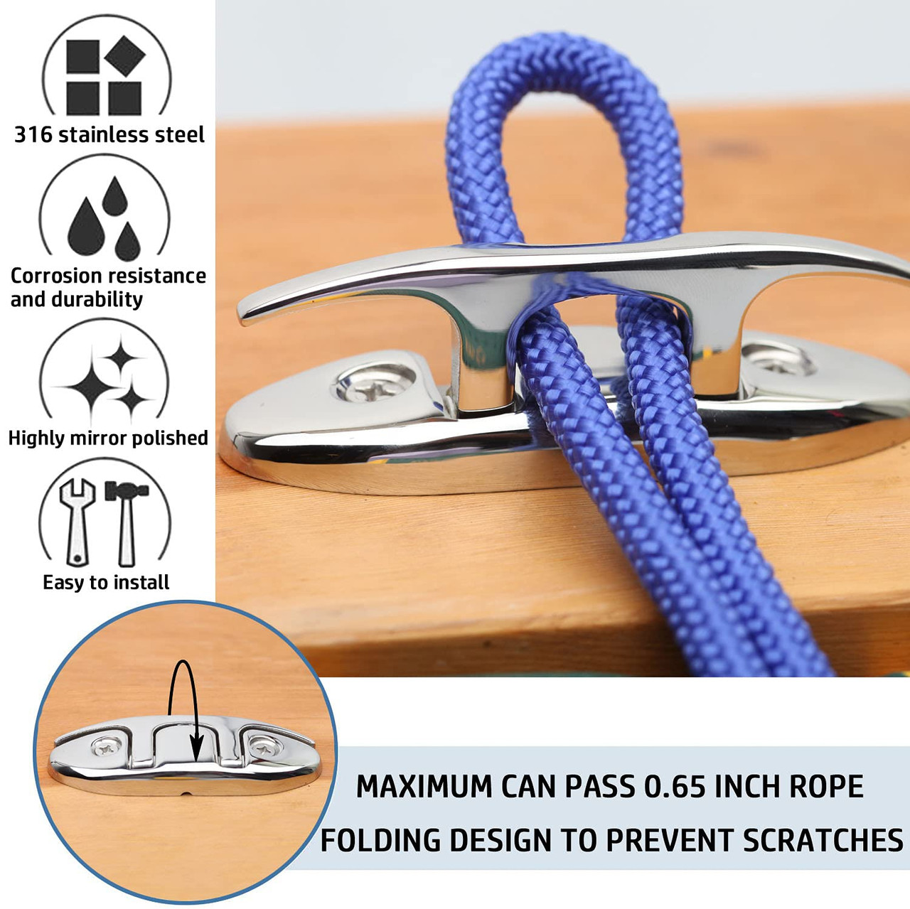 YUSOVE Boat Folding Cleat 4-1/2" 316 Stainless Steel Marine Flip Up Dock Cleat,Pack of 2