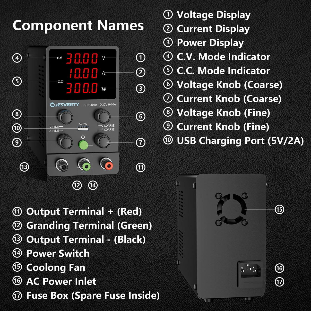 Jesverty DC Power Supply Variable, 0-30V 0-10A Adjustable