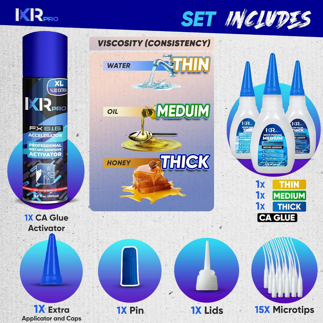 CA Glue with Activator Kit (3x1.75 oz. Thin-Medium-Thick + 16.9 fl.oz.) Cyanoacrylate Glue and Activator, Super Glue Accelerator, Super Glue for Wood, Woodworking, Plastic, Guitar, 3D Printing CA Glue with Activator Kit (3x1.75 oz. Thin-Medium-Thick + 16.9 fl.oz.) Cyanoacrylate Glue and Activator, Super Glue Accelerator, Super Glue for Wood, Woodworking, Plastic, Guitar, 3D Printing
