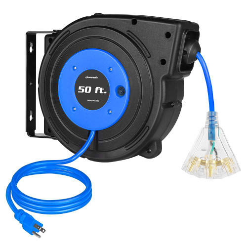 DEWENWILS Retractable Extension Cord Reel, 50 FT Heavy Duty Power Cord, 14AWG/3C SJTOW, 3 Grounded Outlets Lighted Triple Tap, 13 Amp Circuit Breaker, UL Listed DEWENWILS Retractable Extension Cord Reel, 50 FT Heavy Duty Power Cord, 14AWG/3C SJTOW, 3 Grounded Outlets Lighted Triple Tap, 13 Amp Circuit Breaker, UL Listed
