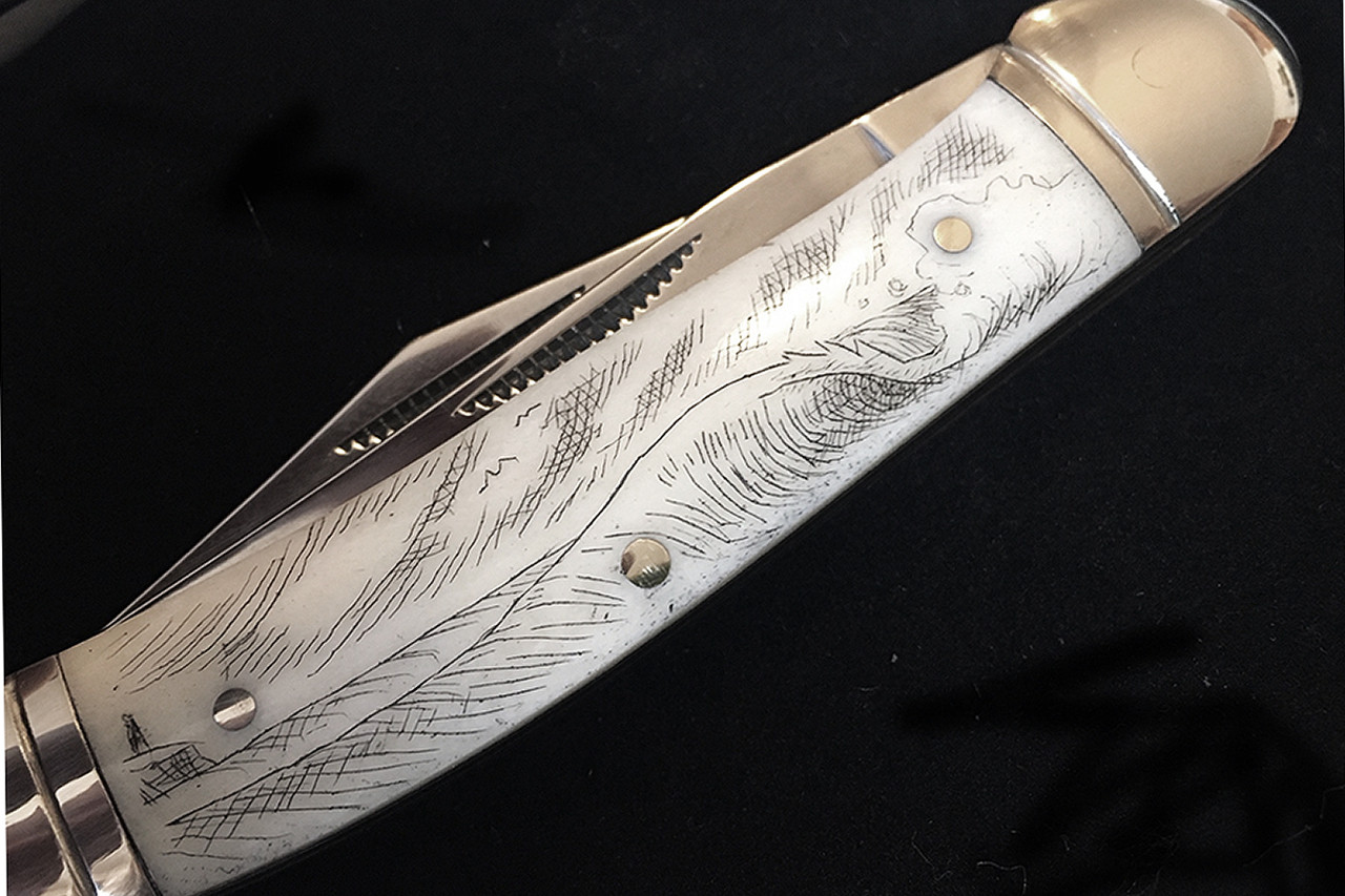 Scrimshaw Shark Design Stainless Steel Silver Hawk Pocket Knife