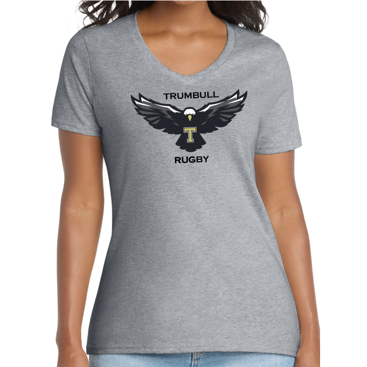 Trumbull HS Girls Rugby Cotton V-Neck T-Shirt, Gray