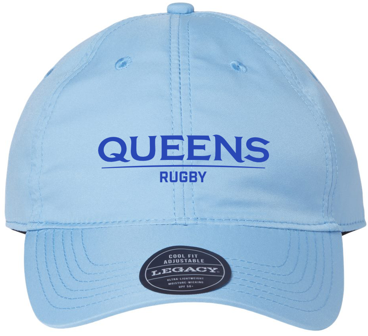 Queens University of Charlotte Rugby Text Logo Adjustable Hat, Light Blue