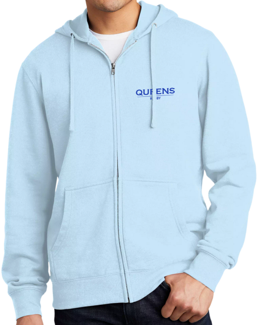 Queens University of Charlotte Rugby Full Zip Hoodie, Light Blue