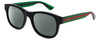 Profile View of GUCCI GG0003SN-006 Designer Polarized Reading Sunglasses with Custom Cut Powered Smoke Grey Lenses in Gloss Black Green Crystal Red Unisex Panthos Full Rim Acetate 52 mm