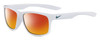 Profile View of NIKE Essent-Chaser-103 Designer Polarized Sunglasses with Custom Cut Red Mirror Lenses in Gloss White Metallic Green Unisex Square Full Rim Acetate 59 mm