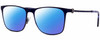 Profile View of John Varvatos V182 Designer Polarized Reading Sunglasses with Custom Cut Powered Blue Mirror Lenses in Matte Navy Blue Gunmetal Skull Accents Unisex Square Full Rim Metal 55 mm