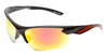 Profile View of Calabria Half Volley Unisex Men's Womens POLARIZED Pickleball Sunglasses Glasses in Matte Black Metallic Orange Frame with Red Mirror Lens