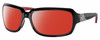 Profile View of Costa Del Mar Isabela Designer Polarized Sunglasses with Custom Cut Red Mirror Lenses in Shiny Black Coral Pink Silver Ladies Rectangular Full Rim Acetate 64 mm