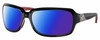 Profile View of Costa Del Mar Isabela Designer Polarized Sunglasses with Custom Cut Blue Mirror Lenses in Shiny Black Coral Pink Silver Ladies Rectangular Full Rim Acetate 64 mm