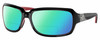 Profile View of Costa Del Mar Isabela Designer Polarized Reading Sunglasses with Custom Cut Powered Green Mirror Lenses in Shiny Black Coral Pink Silver Ladies Rectangular Full Rim Acetate 64 mm