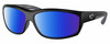 Profile View of Costa Del Mar Salt Break Designer Polarized Sunglasses with Custom Cut Blue Mirror Lenses in Matte Black Gray Unisex Rectangular Full Rim Acetate 65 mm