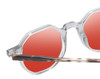 Close Up View of Reptile Softshell Designer Polarized Sunglasses with Custom Cut Red Mirror Lenses in Smoke Grey Crystal Tortoise Havana Unisex Octagonal Full Rim Acetate 45 mm