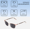 Dimensions and Measurements Illustration of Lucky Brand D114 Designer Polarized Sunglasses with Custom Cut Smoke Grey Lenses in Rose Gold Marble Ladies Cat Eye Full Rim Metal 53 mm