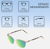 Dimensions and Measurements Illustration of Lucky Brand D114 Designer Polarized Reading Sunglasses with Custom Cut Powered Green Mirror Lenses in Rose Gold Marble Ladies Cat Eye Full Rim Metal 53 mm