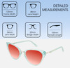 Dimensions and Measurements Illustration of Prive Revaux Modern Designer Polarized Sunglasses with Custom Cut Red Mirror Lenses in Baby Blue Ladies Cat Eye Full Rim Acetate 53 mm
