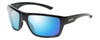 Profile View of Smith Optics Highwater Designer Polarized Sunglasses with Custom Cut Blue Mirror Lenses in Gloss Black Ladies Oversized Full Rim Acetate 64 mm