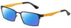 Profile View of Eyebobs Protractor Designer Polarized Reading Sunglasses with Custom Cut Powered Blue Mirror Lenses in Gun Metal Black Mustard Yellow Unisex Square Full Rim Metal 54 mm