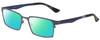 Profile View of Eyebobs Protractor Designer Polarized Reading Sunglasses with Custom Cut Powered Green Mirror Lenses in Gun Metal Black Matte Navy Blue Unisex Square Full Rim Metal 54 mm