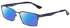 Profile View of Eyebobs Protractor Designer Polarized Reading Sunglasses with Custom Cut Powered Blue Mirror Lenses in Gun Metal Black Matte Navy Blue Unisex Square Full Rim Metal 54 mm