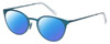 Profile View of Eyebobs Jim Dandy Designer Polarized Reading Sunglasses with Custom Cut Powered Blue Mirror Lenses in Satin Teal Blue Crystal Unisex Round Full Rim Metal 50 mm