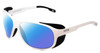 Profile View of Bolle Graphite Designer Polarized Sunglasses with Custom Cut Blue Mirror Lenses in Matte White Black Side Shield Unisex Wrap Full Rim Acetate 64 mm