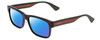 Profile View of GUCCI GG0340S Designer Polarized Sunglasses with Custom Cut Blue Mirror Lenses in Gloss Black Red Stripe Green Gold Mens Retro Full Rim Acetate 58 mm