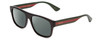 Profile View of GUCCI GG0341S Designer Polarized Sunglasses with Custom Cut Smoke Grey Lenses in Gloss Black Red Stripe Green Gold Unisex Retro Full Rim Acetate 56 mm