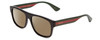 Profile View of GUCCI GG0341S Designer Polarized Reading Sunglasses with Custom Cut Powered Amber Brown Lenses in Gloss Black Red Stripe Green Gold Unisex Retro Full Rim Acetate 56 mm