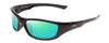Profile View of Coyote P-19 Designer Polarized Reading Sunglasses with Custom Cut Powered Green Mirror Lenses in Black Grey Unisex Wrap Full Rim Acetate 60 mm