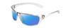 Profile View of Coyote P-38 Designer Polarized Sunglasses with Custom Cut Blue Mirror Lenses in Crystal Grey Unisex Wrap Full Rim Acetate 65 mm