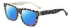 Profile View of Isaac Mizrahi IM69-99 Designer Polarized Sunglasses with Custom Cut Blue Mirror Lenses in Black White Letters Ladies Square Full Rim Acetate 53 mm