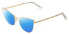 Profile View of Book Club Discount Off Jaunty Pisco Designer Polarized Sunglasses with Custom Cut Blue Mirror Lenses in Antique Gold Ladies Cat Eye Full Rim Metal 56 mm