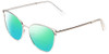 Profile View of Book Club Dutiful Scammed Designer Polarized Reading Sunglasses with Custom Cut Powered Green Mirror Lenses in Gloss Silver Ladies Cat Eye Full Rim Metal 55 mm