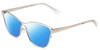 Profile View of Book Club Late Hesitation Designer Polarized Reading Sunglasses with Custom Cut Powered Blue Mirror Lenses in Gloss Silver Unisex Cat Eye Full Rim Metal 54 mm