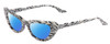 Profile View of SITO SHADES LUNETTE Designer Polarized Sunglasses with Custom Cut Blue Mirror Lenses in Savannah Black White Zebra Print Ladies Cat Eye Full Rim Acetate 52 mm