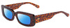 Profile View of SITO SHADES REACHING DAWN Designer Polarized Sunglasses with Custom Cut Blue Mirror Lenses in Amber Cheetah Ladies Square Full Rim Acetate 51 mm