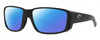 Profile View of Costa Del Mar TUNA ALLEY PRO Designer Polarized Reading Sunglasses with Custom Cut Powered Blue Mirror Lenses in Black Mens Rectangular Full Rim Acetate 60 mm