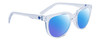 Profile View of SPY Optics Bewilder Designer Polarized Sunglasses with Custom Cut Blue Mirror Lenses in Light Blue Clear Crystal Unisex Panthos Full Rim Acetate 54 mm